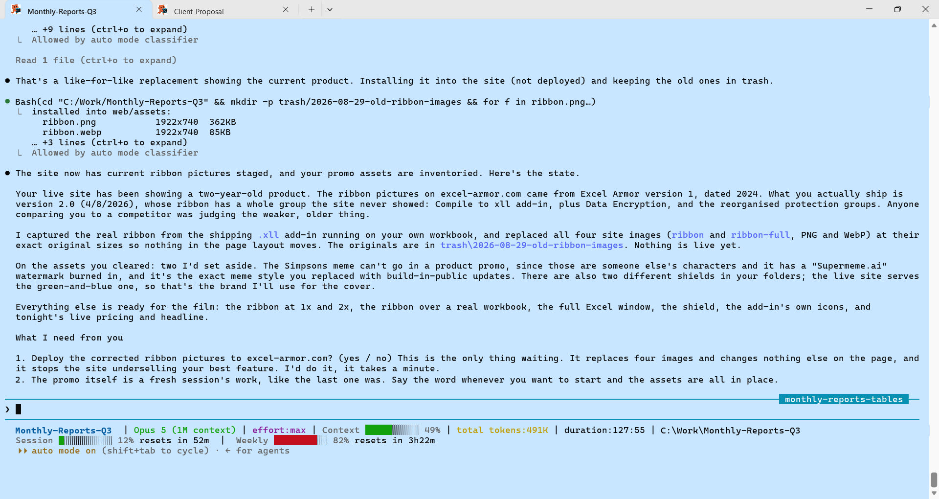 A ClaudeCode Launchpad session in Windows Terminal on the light blue theme: two tabs named after their folders, Claude Code working, and the two-line status bar along the bottom