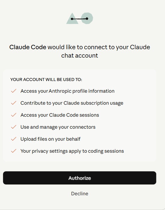 Browser screen: Claude Code would like to connect to your Claude account, with an Authorize button