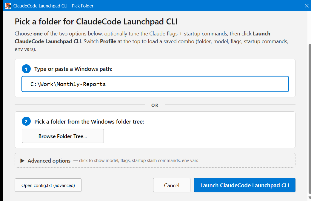The ClaudeCode Launchpad CLI folder picker: a Windows window with a path box, a folder tree button, Advanced options and a Launch button